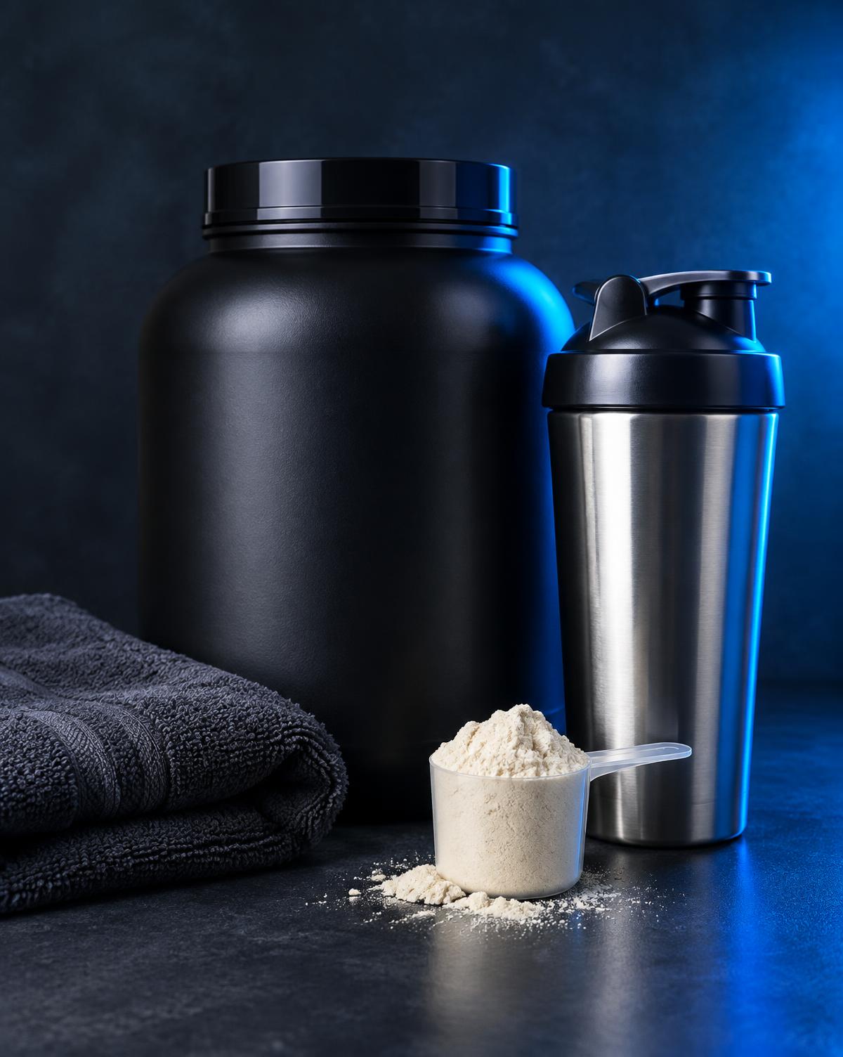 Protein tub, shaker and a scoop of powder