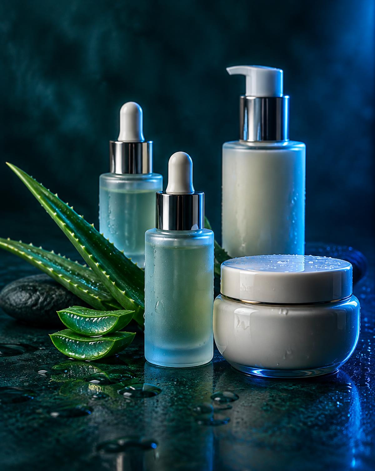 Serum bottles with aloe vera on a dark surface
