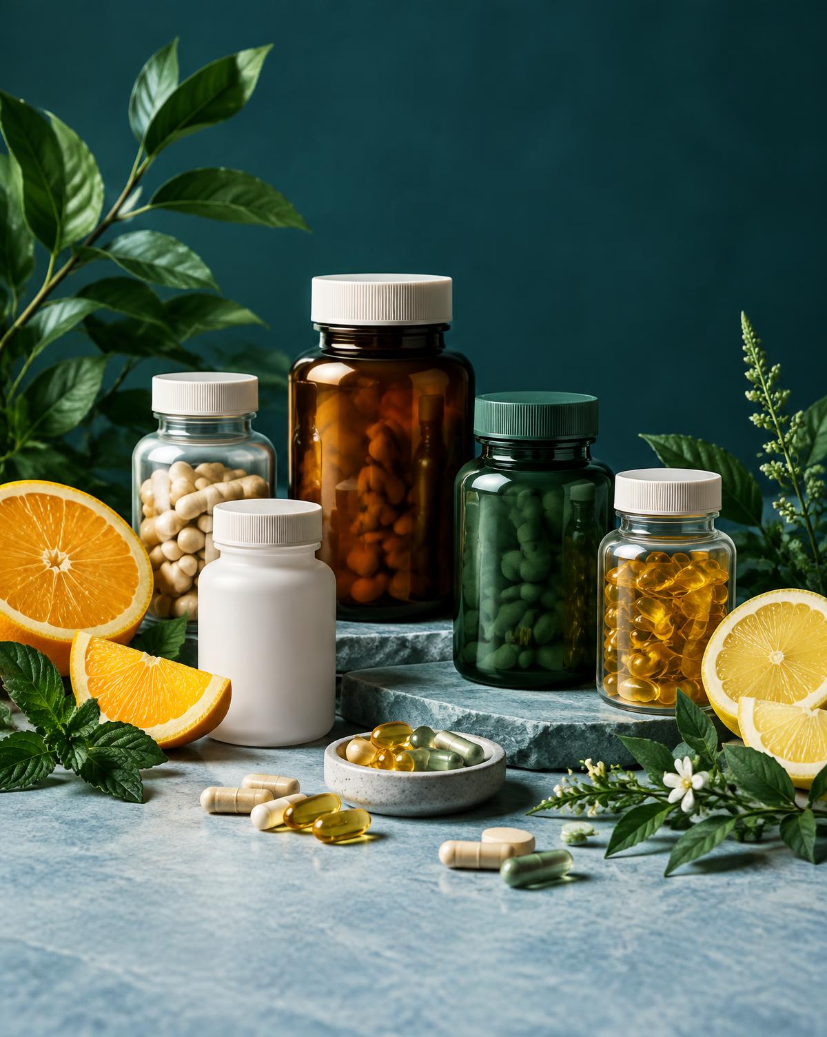 Supplement bottles and capsules arranged with citrus and leaves