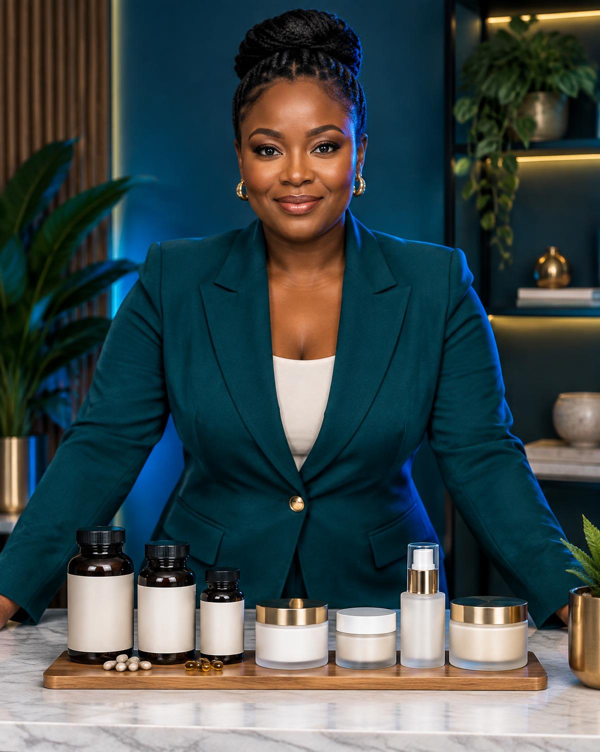 The founder of Madam Supplements standing behind a row of supplement and skincare products